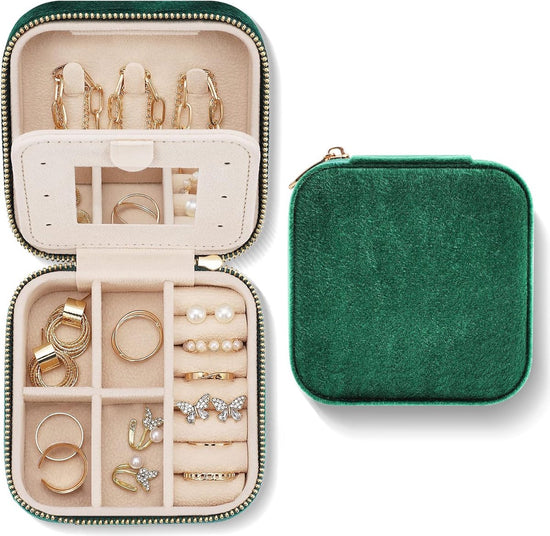 Mini Jewelry Box - Luxury Jewelry Box - With Mirror - Jewelry Box - Flannel - Jewelry Holder - Jewelry Storage Box - Bijouterie Box - Zipper - Travel - Traveling - Women/Girls - Green - Gift For Her - Soft Protection