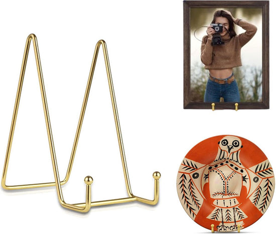 Plate stand - Plate stand - Plate display - Stand - Rack - Hook - Decorative plates - Plates and books - Cookbooks - Suitable for decorative plates - Not easily deformed - Durable - 6 inch - Gold - Metal
