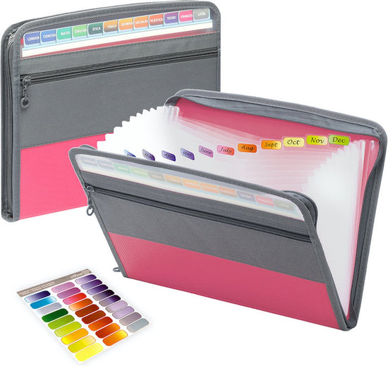 Project Folder - A4 - Foldable File Folder with Tabs - 13 Compartments - Storage Folder/Sorting Folder - Compartment Folder - Durable Plastic Document Folder - Writing Folder with Zipper - Conference Folder - Work Folder - Document Folder - Pink - Portabl