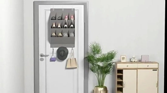 Hanging Shoe Bag - Shoe Organizer - With Hooks - Door Organizer - Above-Door Shoe Organizer - Solution for Scattered Stuff - Door Storage Bag - Hanging Organizer - Grey - Space-Saving - For Shoes/Home Accessories Etc.