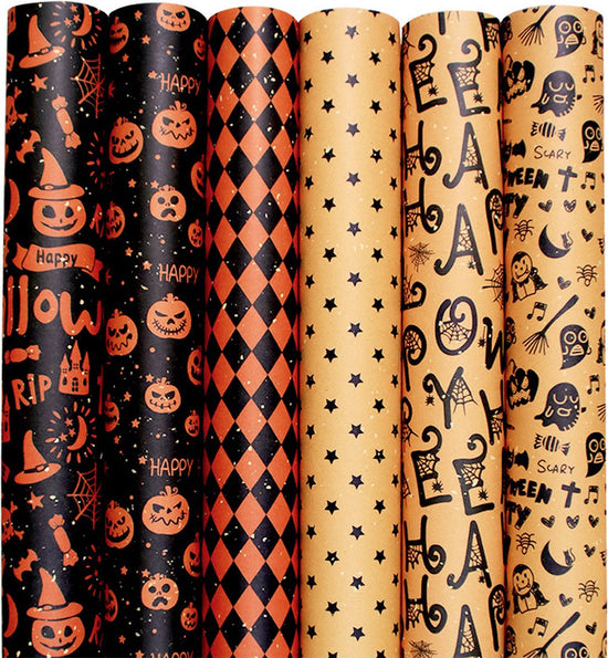 Wrapping Paper 6 Rolls - Gift Paper - Sustainable - Eco-friendly & Plastic-free - Tear-resistant - 50x70cm - Birthday - Decorations - Gift Paper - Party Assortment - Various Designs - Halloween - Pumpkin/ Bat/ Witch&