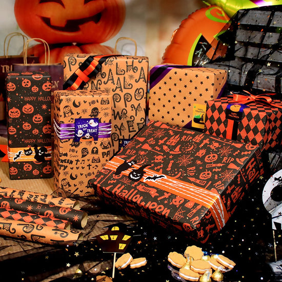 Wrapping Paper 6 Rolls - Gift Paper - Sustainable - Eco-friendly & Plastic-free - Tear-resistant - 50x70cm - Birthday - Decorations - Gift Paper - Party Assortment - Various Designs - Halloween - Pumpkin/ Bat/ Witch&