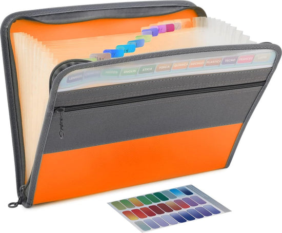 Project Folder - A4 - Foldable File Folder with Tabs - 13 Compartments - Storage Folder/Sorting Folder - Compartment Folder - Durable Plastic Document Folder - Writing Folder with Zipper - Conference Folder - Work Folder - Document Folder - Orange - Porta