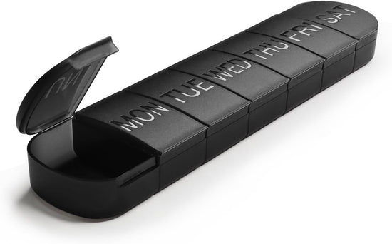 7-Day Pill Box - Portable Medicine Box - Weekly Pill Organizer - Once-a-Day Pill Box - Pill Containers - Travel-Friendly - For Medicines, Vitamins, Fish Oil Supplements - Black