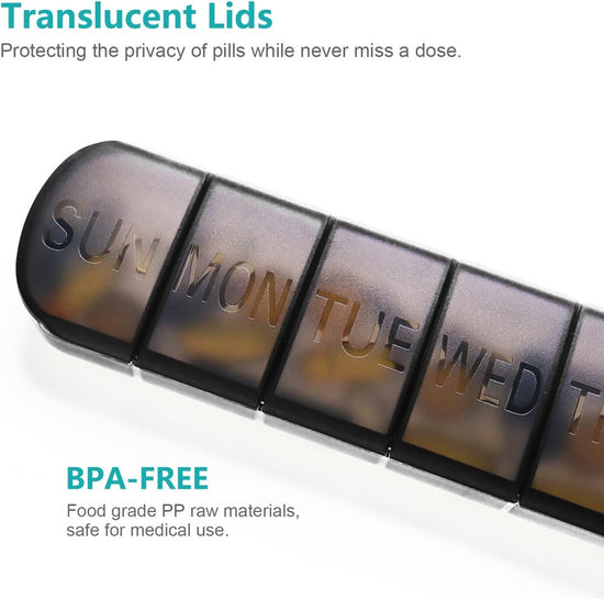 7-Day Pill Box - Portable Medicine Box - Weekly Pill Organizer - Once-a-Day Pill Box - Pill Containers - Travel-Friendly - For Medicines, Vitamins, Fish Oil Supplements - Black