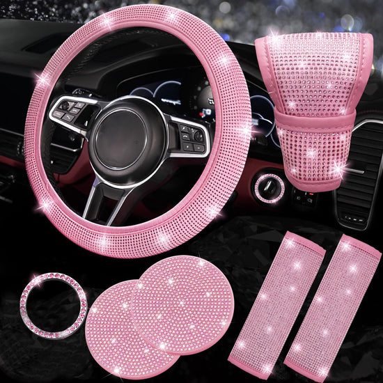 car decoration - Car accessories set - 7 Piece glittering decoration set - bling steering wheel cover - seatbelt cover - decorative car - decoration for car - Sparkling diamond decoration - Car interior - cute complete interior set - Pink