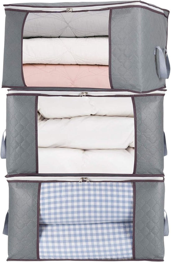 Set of 3 extra large zippered storage bags - Storage bags - with large transparent window - Handles - Affordable - Ideal for storing duvets, pillows, quilts, bedding, clothing, blankets and more - Grey - 60×40×35 cm