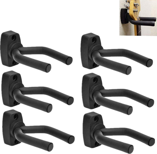 Guitar Wall Mount - 6 Pieces - Guitar Wall Holder - Guitar Stand - Guitar Hanger - Wall Bracket - Black Guitar Stand with Screws - Hook - Easy to Install - Adjustable - Suitable for All Sizes of Guitars, Bass, Mandolin, Banjo, Ukulele