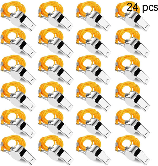 24 pieces - Whistles - Coach Whistle - Outdoor Whistle - Stainless Steel Whistles - Football Referee Whistle - Whistle with Lanyard - Outdoor Accessories - For Emergencies, Sports Training, Referee - Silver - 4*2*1.5 cm