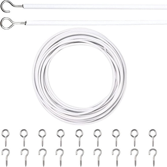 Curtain spiral wire - 10M - Curtain cable - with screw eyes and hooks - 25 sheep eye circles and 25 question mark nails - Spiral wire set - curtain cable line for clothing - Tension spring - white - Metal - for curtain rods, curtains, shower curtains