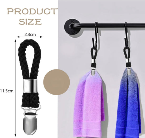 4 pieces - Towel clip - Towel rack - Kitchen towel clips - 11.5*2.3 cm - Black - Multifunctional clips - Suitable for home cupboards and bathrooms - Towel clip made of cotton rope
