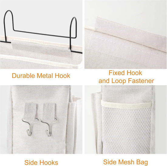 Hanging Basket - Bag Organizer - Bed Bag Holder - Storage Bags - Bed Organizer - Hanging Storage Bags - Dorm Organizer - 30*10*19 cm - Off-White - with 4 Pockets and 2 Hooks - Canvas - for Bunk Bed, Hospital Bed, Dorm, Camping