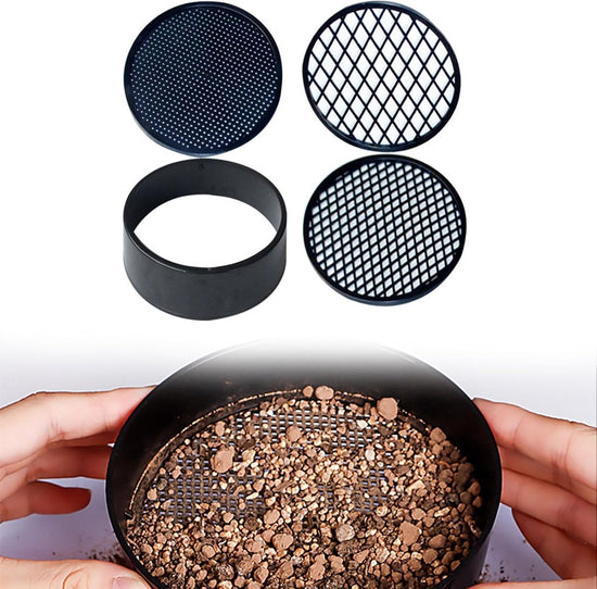Adjustable plastic garden sieve - 4 in 1 - 12 cm - Compost sieve - Sand sieve - Round - Black - for domestic plants