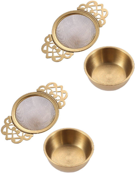 2 pieces - Tea strainer - Tea strainer - With handle and drip plate - gold - Tea filter for loose tea - Tea infuser - Stainless steel tea filter - 11.2*6.5*2.5cm