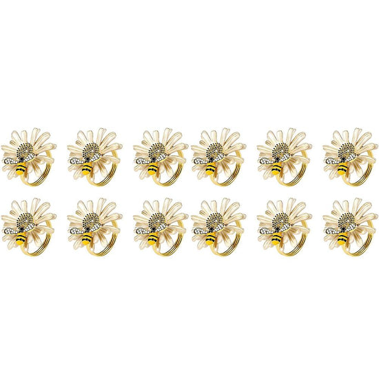 Set of 12 Daisies and Sunflowers Napkin Rings, Gold Napkin Ring Holders with Bees for Formal or Casual Dining