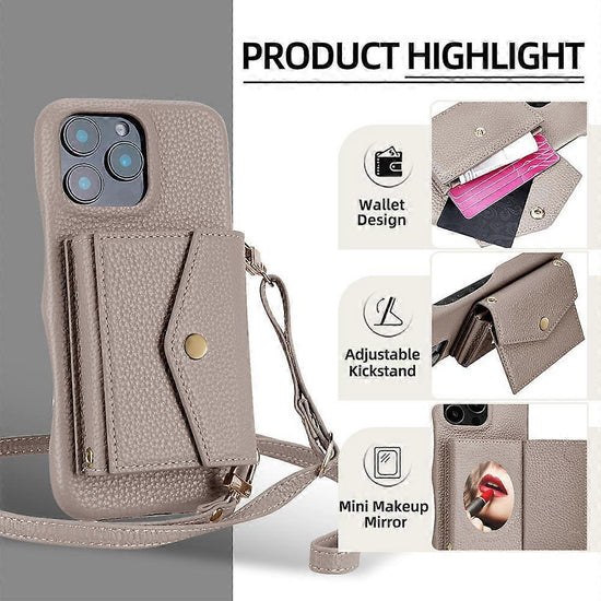 iPhone 14 Pro Case Horizontal Card Pocket Litchi Texture Long Cord Grey