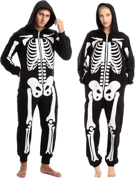 Unisex Skeleton Onesie Pajamas Plush Skeleton Jumpsuit Zipper Halloween Hoodie Pajamas for Adults Sleepwear Costume Black L