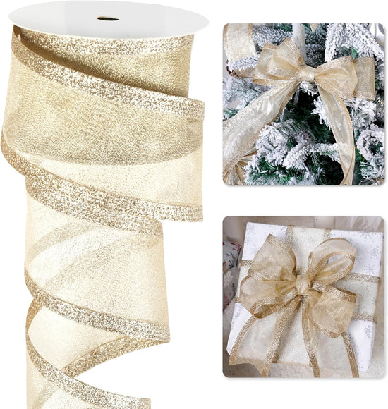 Champagne Christmas Ribbon Wired 2.5 Inch Champagne Gold Metallic Wired Ribbon with Glitter Stripe, Ribbon for Christmas Tree, Wreaths Supplies, Swag, Garland, Holiday Decor - 10 Yards