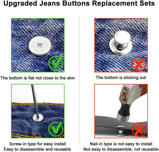 15 Sets Replacement Jeans Buttons, 17mm No-Sew Nailess Removable Metal Jeans Button Replacement Repair Combo Thread Rivets and Screwdrivers