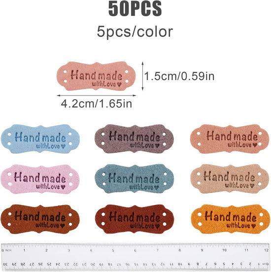 SAVITA 50 x Handmade Leather Labels with Microfibre Woven Leather Labels with Love Hearts for Crafts, Knitting, Handbags, Clothes (10 Colours)