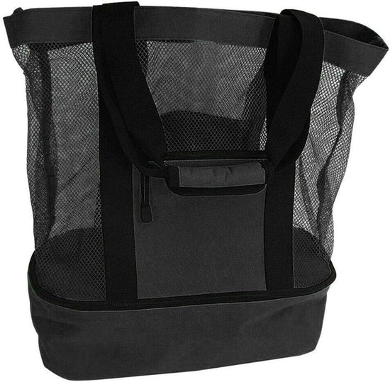 Mesh Beach Tote Bag with Detachable Insulated Beach Cooler Compartment Waterproof Sandproof Picnic Pool Bag, Black, Large