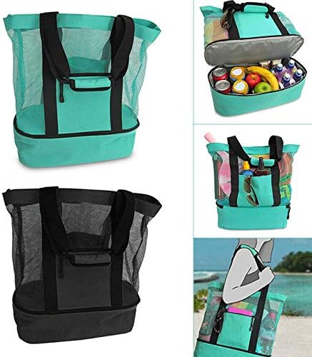 Mesh Beach Tote Bag with Detachable Insulated Beach Cooler Compartment Waterproof Sandproof Picnic Pool Bag, Black, Large
