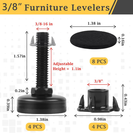 3/8" Thread Furniture Feet Levelers, Adjustable Furniture Feet Screw in with Threaded Inserts, Heavy Duty Leveling Feet Screw On Furniture Leveling for Table, Cabinets, Chair, Sofa, 4 Pack, Black