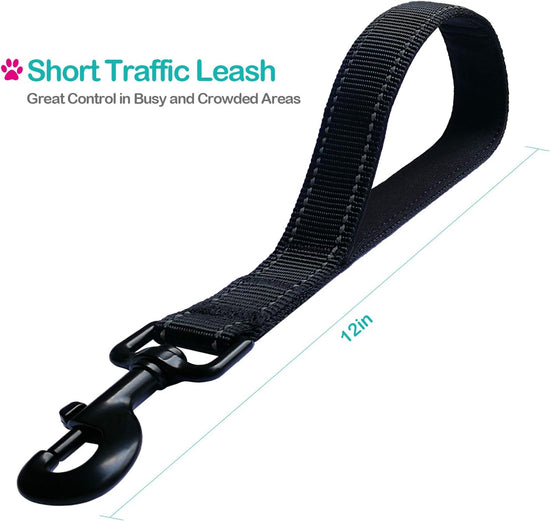 Short Dog Leash - Traffic Padded Handle - Heavy Duty - Short Nylon Dog Lead for Training Control - Reflective Threads Pet Leashes for Large Dogs and Medium Dogs (12 Inch, Reflective Black)