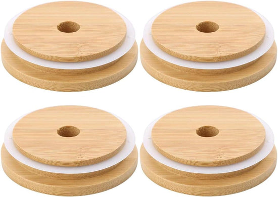 4 Pack 86mm Wide Mouth Bamboo Mason Jar Lids with Straw Hole Reusable Bamboo Caps Leak-Proof Glass Canning Drinking Storage Jars Lid