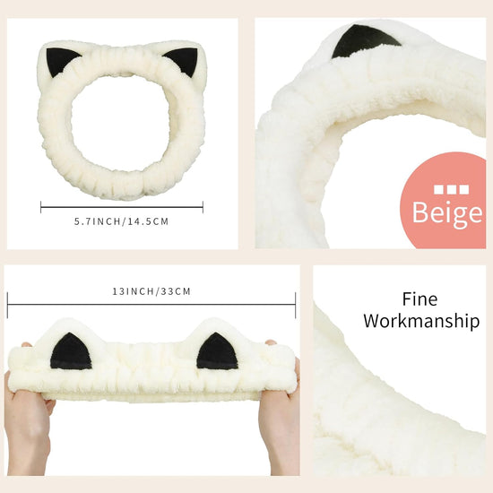 2 Packs Cute Cat Spa Headband for Washing Face Makeup Skincare, Animal Headbands for Women Girls Trendy Stuff Gifts Soft Coral Fleece Facial Wash Hair Accessories (Beige+ Khaki)
