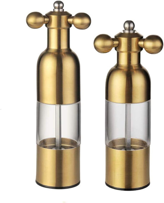Salt and Pepper Grinder, Manual Stainless Steel Faucet Salt Shakers Mill with Handle, Refillable Adjustable Coarseness, for Home, Restaurant, BBQ,Gold,2PC