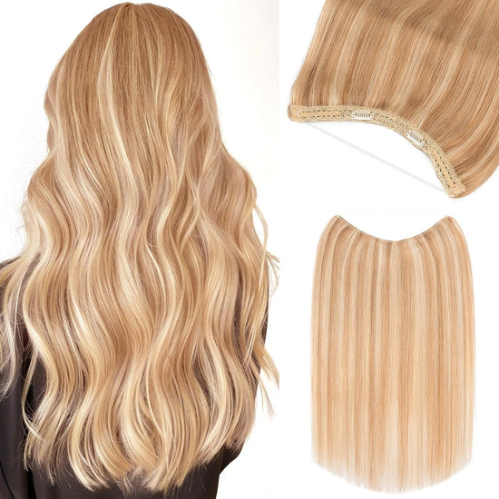 Halo Hair Extensions Real Human Hair 16 Inch Halo Extensions for Women 100% Human Hair Invisible Wire Hair Extensions Golden Brown Hightlights Bleach Blonde 