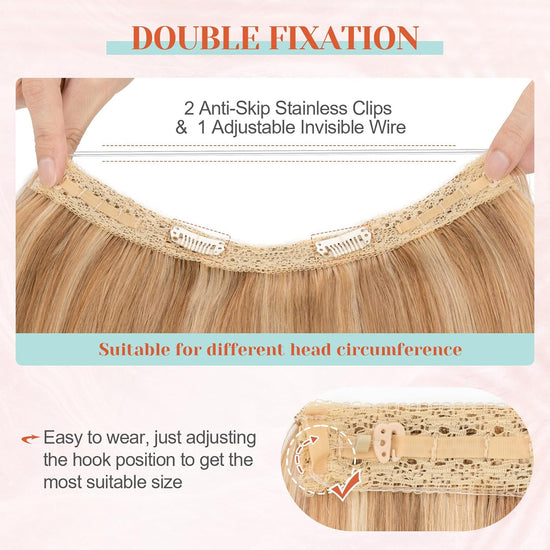 Halo Hair Extensions Real Human Hair 16 Inch Halo Extensions for Women 100% Human Hair Invisible Wire Hair Extensions Golden Brown Hightlights Bleach Blonde 