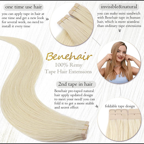 Tape in Hair Extensions Human Hair Platinum Blonde 18 Inch 20pcs 50g/pack Straight Hair Extensions Tape in Seamless Skin Weft Tape in Natural Hair for Women(