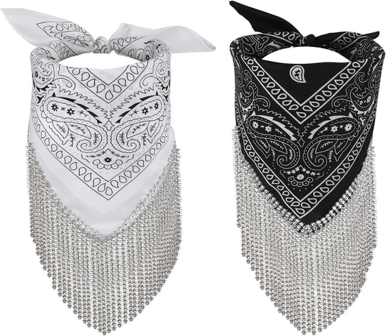 2pcs Rhinestone Fringe Bandana, Rhinestone Scarf for Women Sparkly Disco Cowgirl Bachelorette Bandanas Bling Bandanas Party Supplies for Men Women