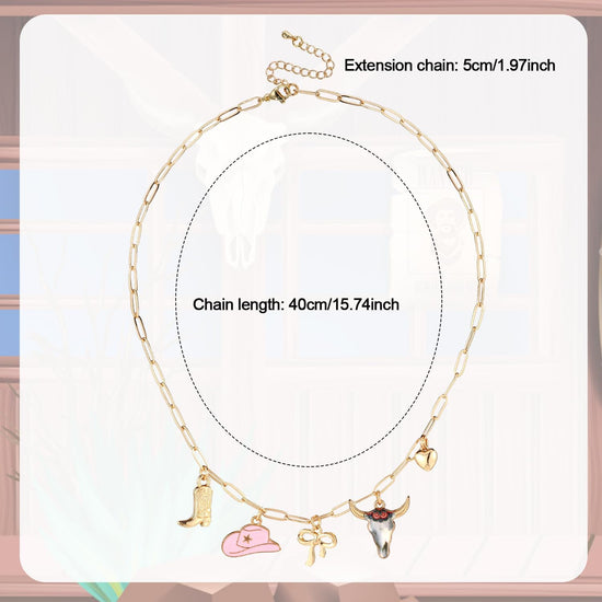 Cowgirl Necklace for Women, Dainty Gold Boot Hat Heart Charm Western Chain Chunky Trendy Fashion Pendant Outfit Jewelry Gift