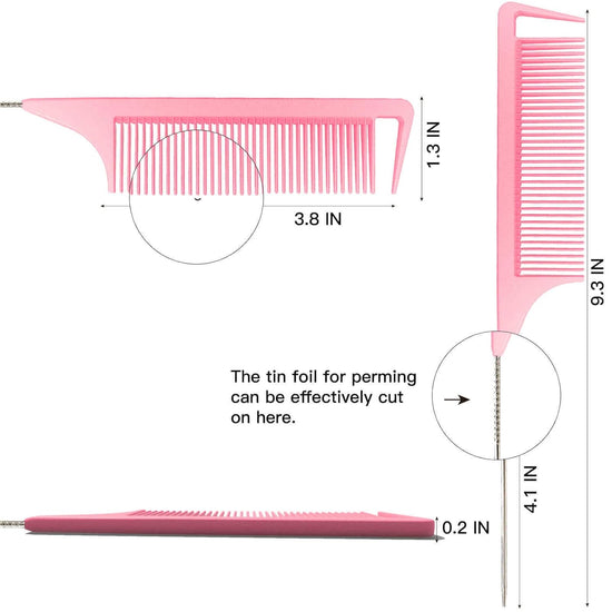Rat Tail Combs, 3Pcs Parting Combs for Braiding Hair, Nylon Hair Comb Rat Tail Comb Rattail Comb with Stainless Steel Pintail for Sectioning, Parting and Styling (Pink)