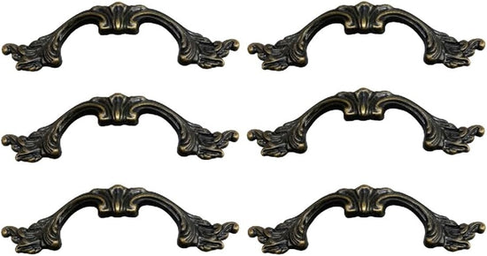 6-Pack French Drawer Pulls - Antique Brass, 3.38" Hole Centers, Vintage Shabby Chic Pulls for Dresser Nightstand Cabinet