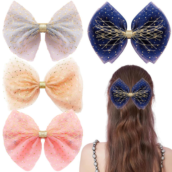 4 PCS Tulle Bows Hair Clips Dotted Tulle Large Bow Hair Clip Cute Glitter Polka Dots Mesh Alligator Hair Clips French hair Bows Soft Bow Hair Dress Up Accessories Shimmery Girl Bows for Women Girl