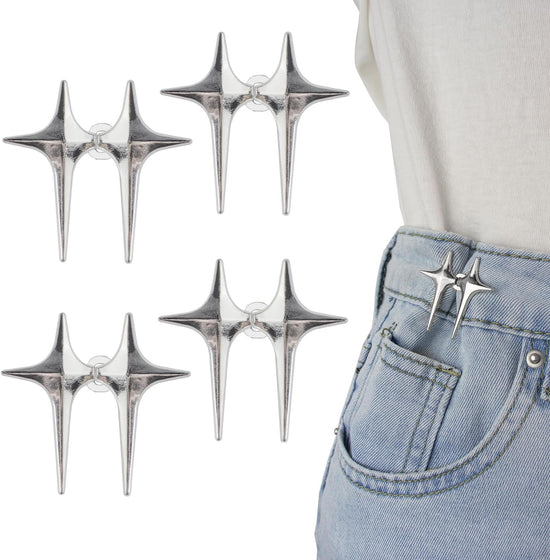 Jeans Button, 4 Sets Adjustable Star Button for Jeans, Detachable Decorative Waist Buckles, Perfect Fit Tighten Waist Adjustment Instant Button Pins for Pants - Silver