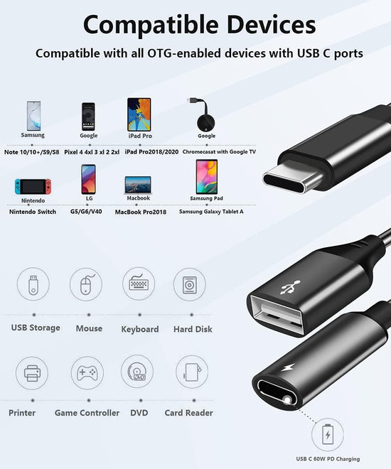 USB C OTG Adapter, 2 in 1 USB C Male to USB Female with 60W PD Charging Port Adapter Compatible with Galaxy S23 S22 Note 20, LG V40 V30, Google Pixel 6 XL,Google Chromecast with Google TV (Black)