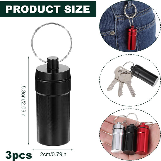 3 Pack Pill Fob Container, Waterproof Aluminum Pill Holder Keychain, Portable Mini Travel Pill Box, Nitroglycerin Pill Case for Pill Organizer Dispenser(Silver, Black, Red)