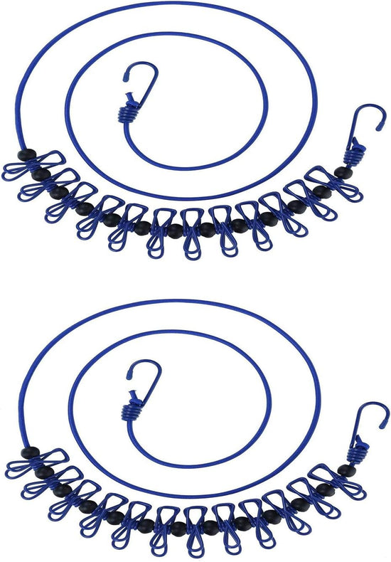 2 Pack 5.84 Feet Windproof Clothesline with 12 Blue Clips, Adjustable Clothes Line for Home, Travel and Outdoor Hanging Clothes
