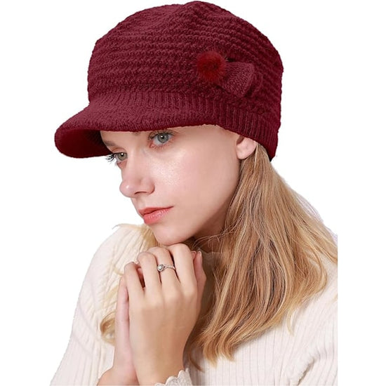 Winter Fleece Lined Thermal Hat for Women, Red Floral Knitted Beret with Brim