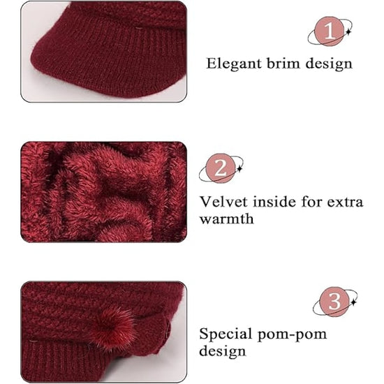 Winter Fleece Lined Thermal Hat for Women, Red Floral Knitted Beret with Brim