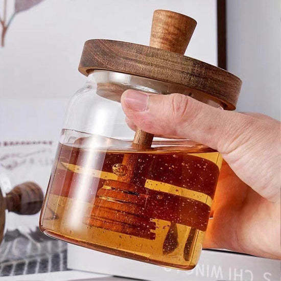 Honey Jar Set 500ml Glass with Wooden Spoon Lid, Airtight Transparent Honey Pot for Easy Monitoring, Wide Opening