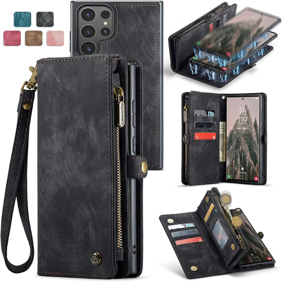 Compatible with Samsung Galaxy S25 Leather Magnetic Zipper Wallet Case 2-in-1 Detachable Flip Cover with Card Holder iPhone 16 Black