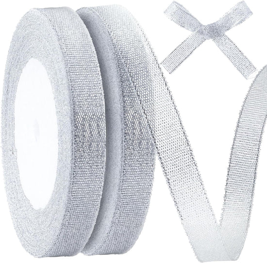 1/2in 50 Yard Silver Ribbon for Gift Wrapping, Glossy Sheer Satin Ribbon, Glitter Thin Fabric for Christmas Halloween Wedding Birthday Party Valentines Day Bouquet Decoration
