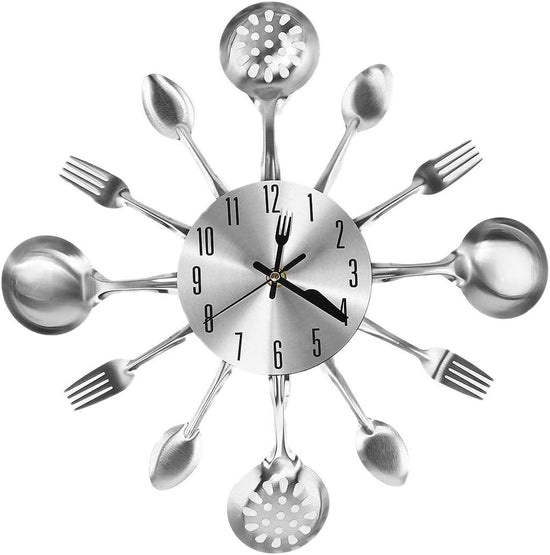 Metal Kitchen Cutlery Wall Clock 14 Inch with Fork Spoon 3D Non Ticking Quartz Watch Clock for Bedroom Home Decor,Silver