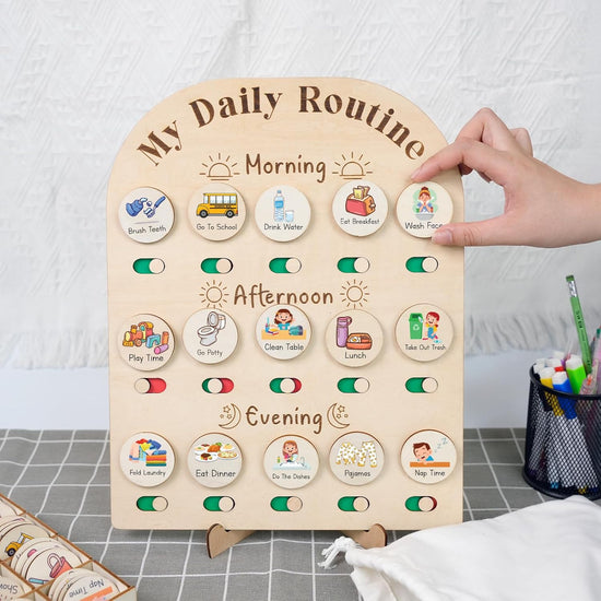 Daily Routine Chart for Kids, Visual Schedule, Routine Chart for Toddlers 3-5, Morning Bedtime Routine Chart for Toddlers, Wooden Chore Chart for Kids